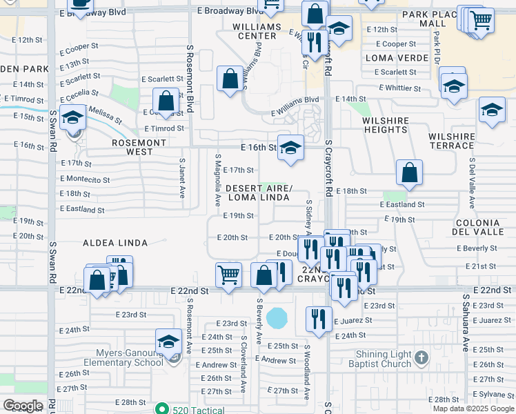 map of restaurants, bars, coffee shops, grocery stores, and more near 5259 East 19th Street in Tucson
