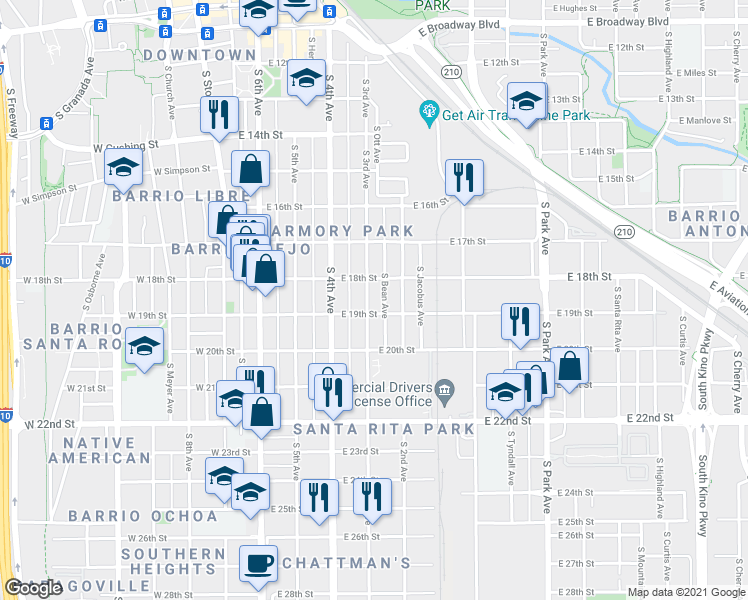 map of restaurants, bars, coffee shops, grocery stores, and more near 817 South 3rd Avenue in Tucson