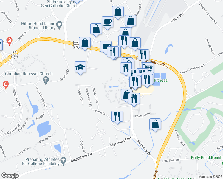 map of restaurants, bars, coffee shops, grocery stores, and more near 96 Mathews Drive in Hilton Head Island