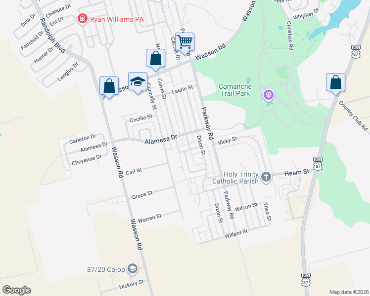 map of restaurants, bars, coffee shops, grocery stores, and more near 4004-4098 Calvin St in Big Spring
