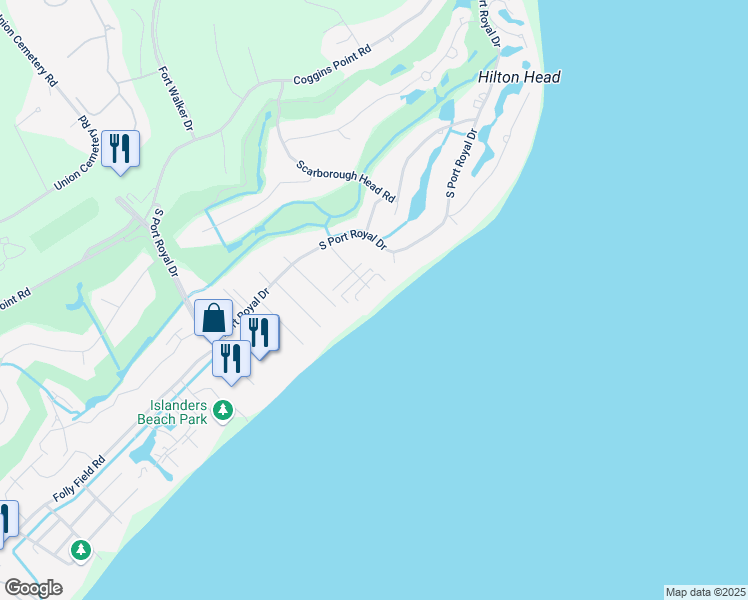 map of restaurants, bars, coffee shops, grocery stores, and more near 38 Ensis Road in Hilton Head Island