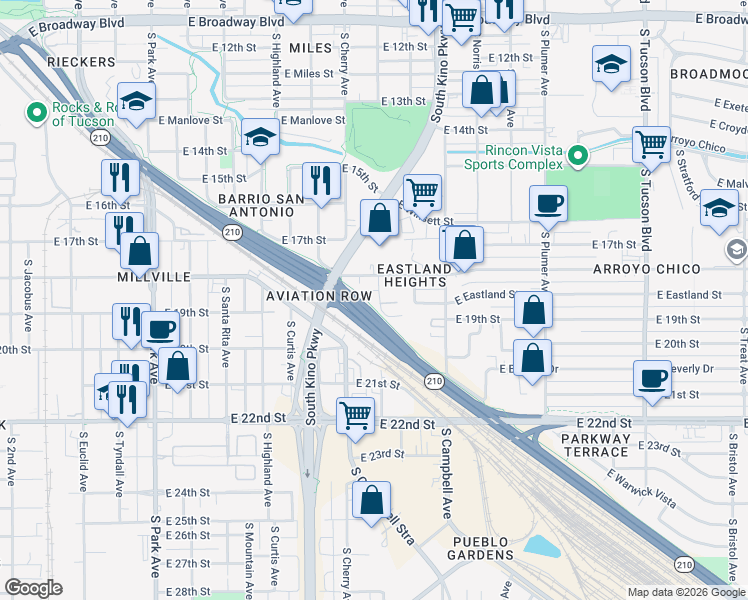 map of restaurants, bars, coffee shops, grocery stores, and more near 1301-1641 E Aviation Pkwy in Tucson