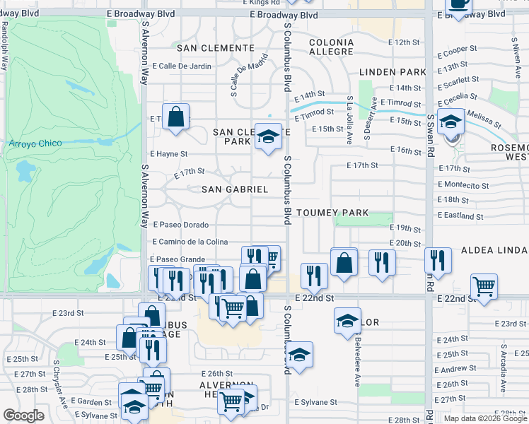 map of restaurants, bars, coffee shops, grocery stores, and more near 4218 East Santa Barbara Avenue in Tucson