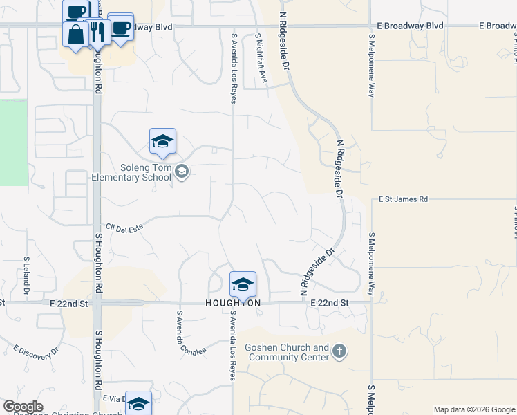 map of restaurants, bars, coffee shops, grocery stores, and more near 10741 Ave Hacienda in Tucson