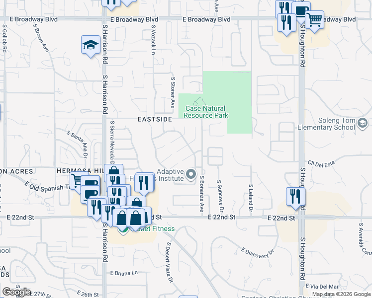 map of restaurants, bars, coffee shops, grocery stores, and more near 9853 East Murchison Place in Tucson