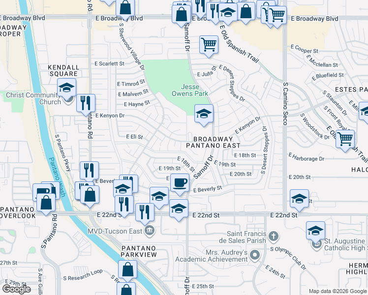 map of restaurants, bars, coffee shops, grocery stores, and more near 814 South Stuart Place in Tucson