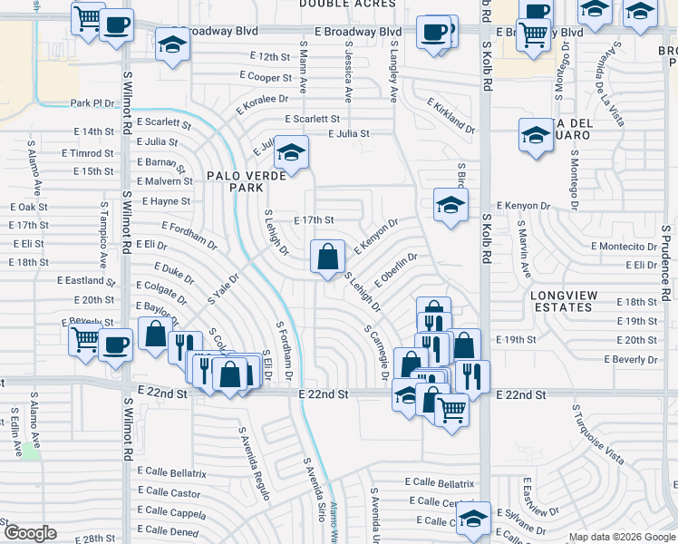 map of restaurants, bars, coffee shops, grocery stores, and more near 6732 East Kenyon Drive in Tucson