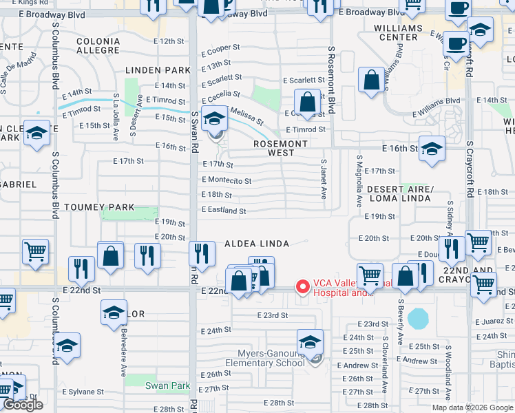 map of restaurants, bars, coffee shops, grocery stores, and more near 4818 East Eastland Street in Tucson