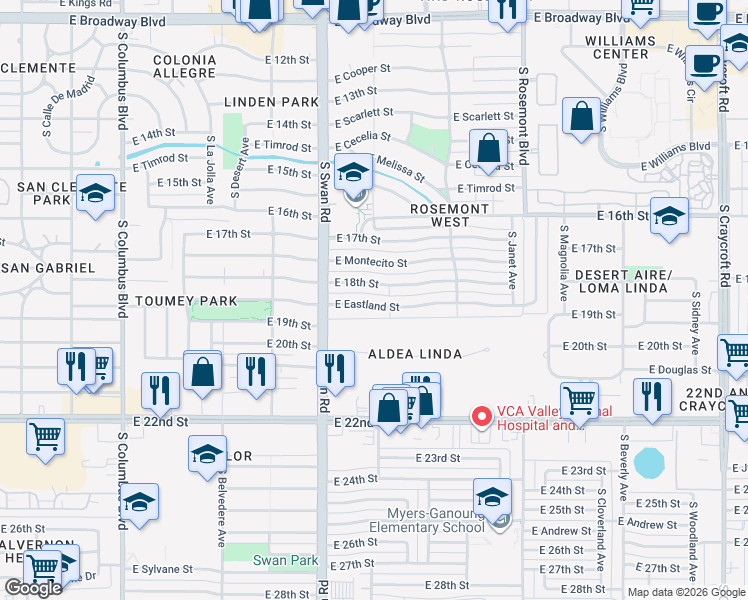 map of restaurants, bars, coffee shops, grocery stores, and more near 4742 East Eastland Street in Tucson