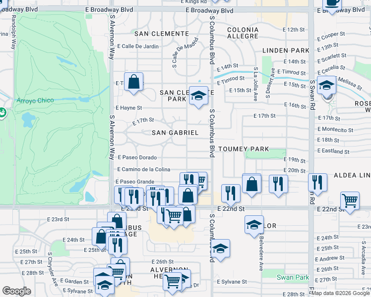 map of restaurants, bars, coffee shops, grocery stores, and more near 4218 East Santa Barbara Avenue in Tucson