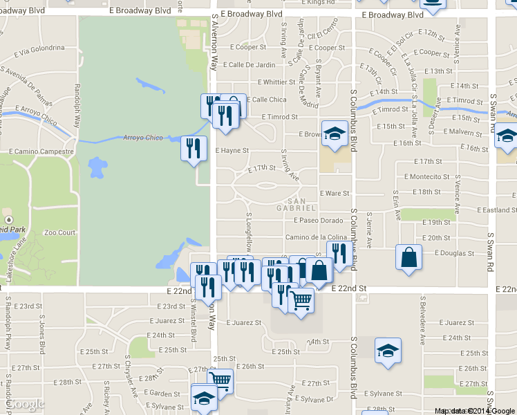 map of restaurants, bars, coffee shops, grocery stores, and more near 4009 East Paseo Dorado in Tucson