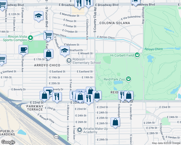 map of restaurants, bars, coffee shops, grocery stores, and more near 3001 East 19th Street in Tucson
