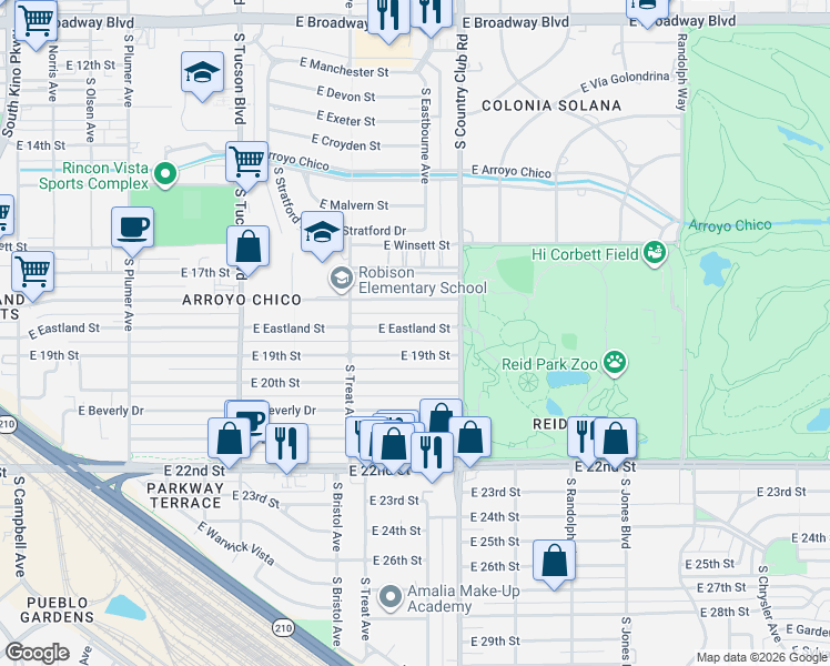 map of restaurants, bars, coffee shops, grocery stores, and more near 3001 East 19th Street in Tucson