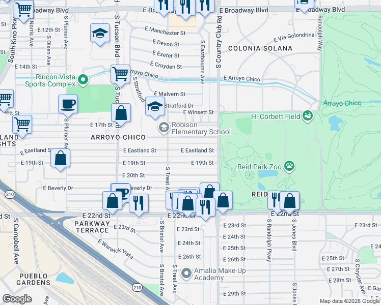 map of restaurants, bars, coffee shops, grocery stores, and more near 2901 East 19th Street in Tucson