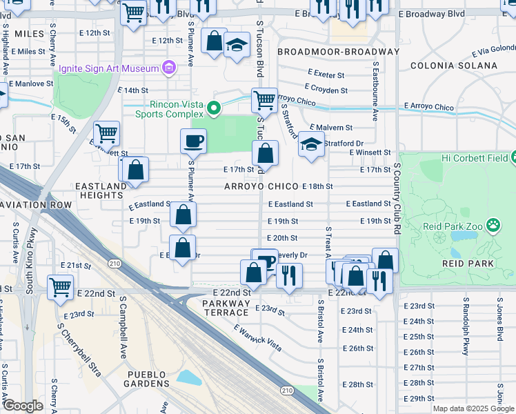 map of restaurants, bars, coffee shops, grocery stores, and more near 2431 East 19th Street in Tucson