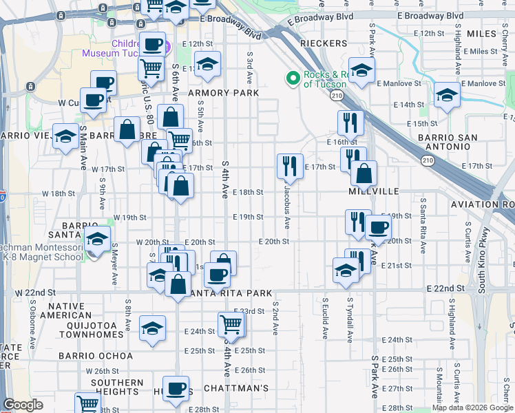 map of restaurants, bars, coffee shops, grocery stores, and more near 830 South 3rd Avenue in Tucson