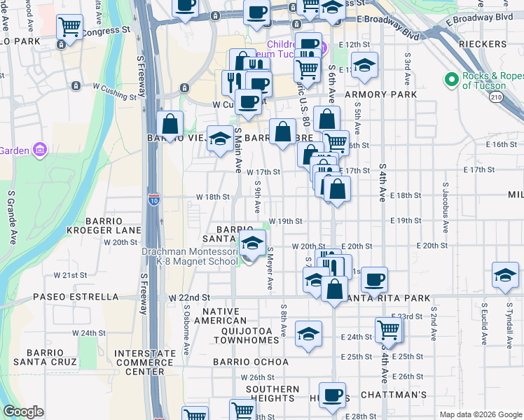 map of restaurants, bars, coffee shops, grocery stores, and more near in Tucson