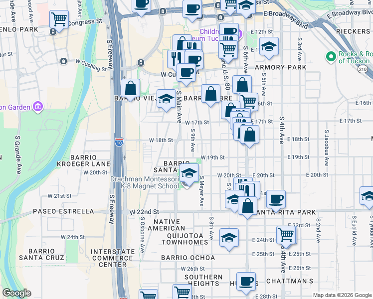 map of restaurants, bars, coffee shops, grocery stores, and more near in Tucson