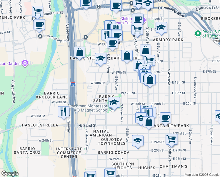 map of restaurants, bars, coffee shops, grocery stores, and more near 837 South 10th Avenue in Tucson