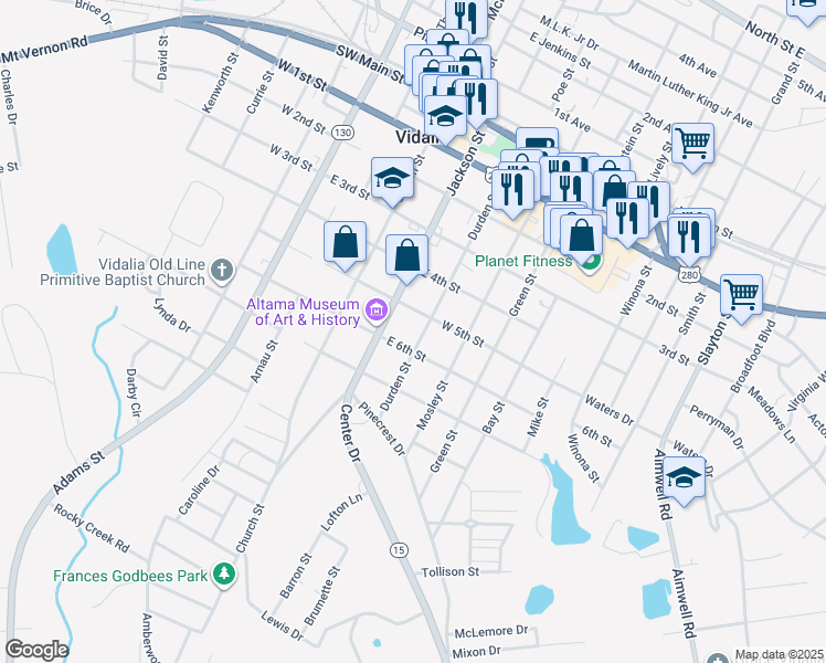map of restaurants, bars, coffee shops, grocery stores, and more near 207 East 6th Street in Vidalia