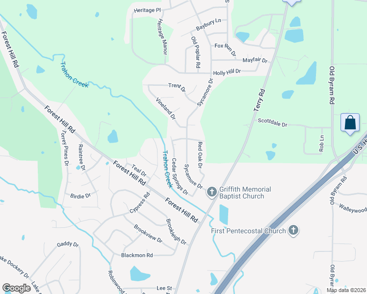 map of restaurants, bars, coffee shops, grocery stores, and more near 5208 Sycamore Drive in Jackson