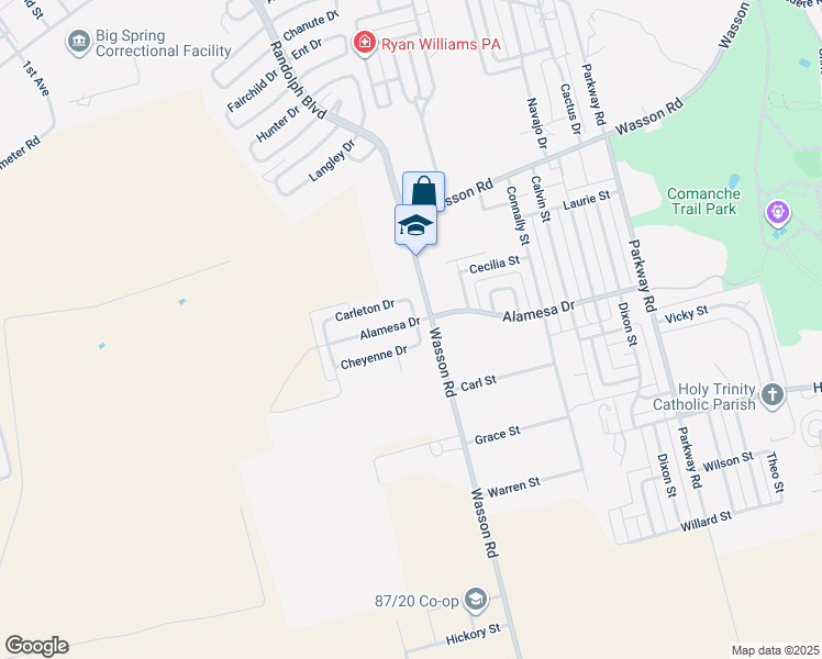 map of restaurants, bars, coffee shops, grocery stores, and more near 2401 Alamesa Drive in Big Spring