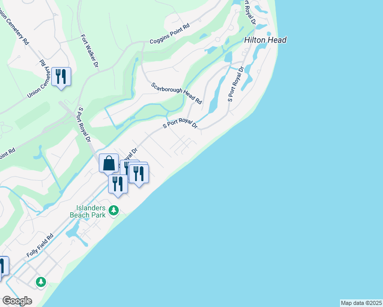map of restaurants, bars, coffee shops, grocery stores, and more near 38 Ensis Road in Hilton Head Island