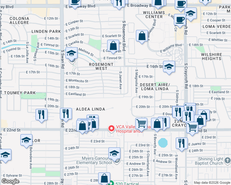 map of restaurants, bars, coffee shops, grocery stores, and more near 5017 East Eastland Street in Tucson