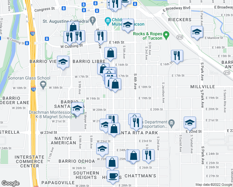 map of restaurants, bars, coffee shops, grocery stores, and more near 827 South 6th Avenue in Tucson
