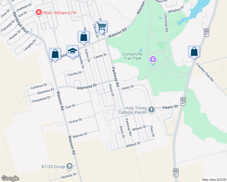 map of restaurants, bars, coffee shops, grocery stores, and more near 3906 Parkway Road in Big Spring