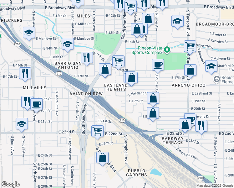 map of restaurants, bars, coffee shops, grocery stores, and more near 1831 East 19th Street in Tucson