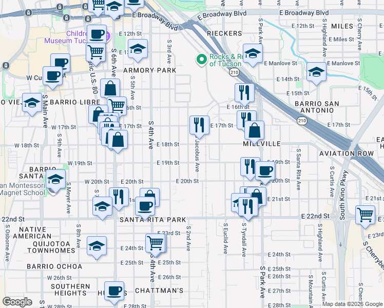 map of restaurants, bars, coffee shops, grocery stores, and more near 846 South 2nd Avenue in Tucson
