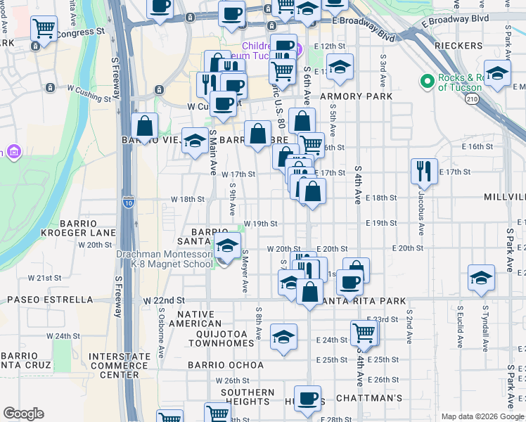 map of restaurants, bars, coffee shops, grocery stores, and more near 841 South 8th Avenue in Tucson