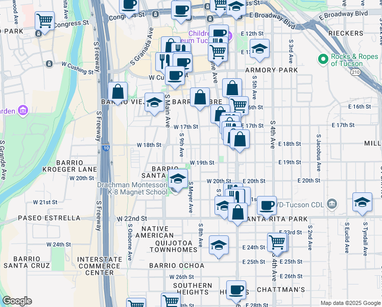 map of restaurants, bars, coffee shops, grocery stores, and more near in Tucson