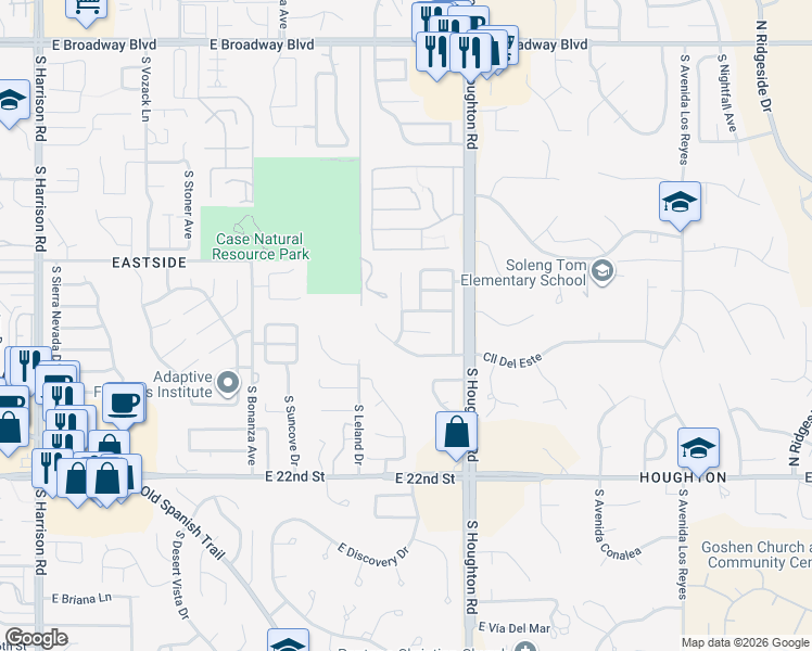 map of restaurants, bars, coffee shops, grocery stores, and more near 10200 East Circle Pines Drive in Tucson