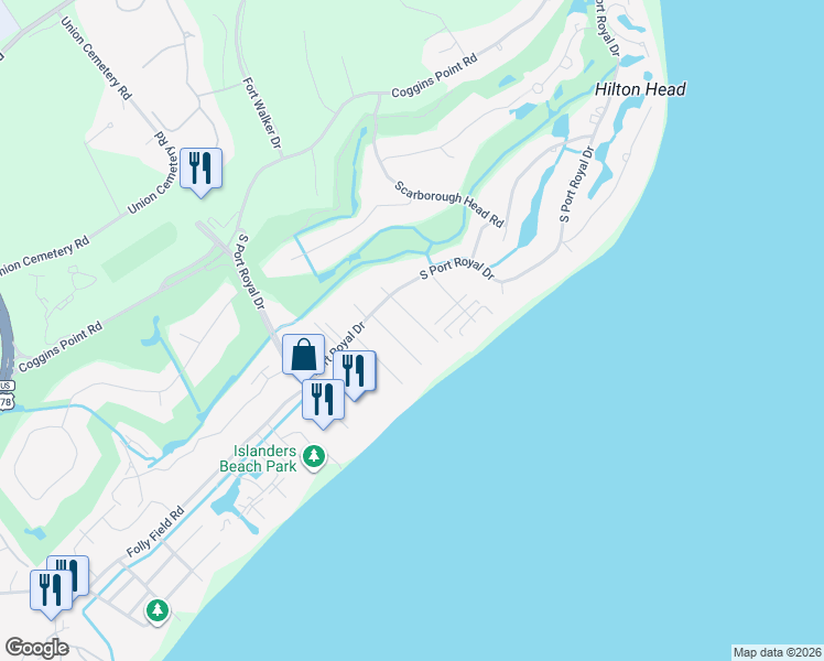 map of restaurants, bars, coffee shops, grocery stores, and more near 10 Donax Road in Hilton Head Island