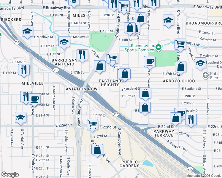map of restaurants, bars, coffee shops, grocery stores, and more near 1831 East 19th Street in Tucson