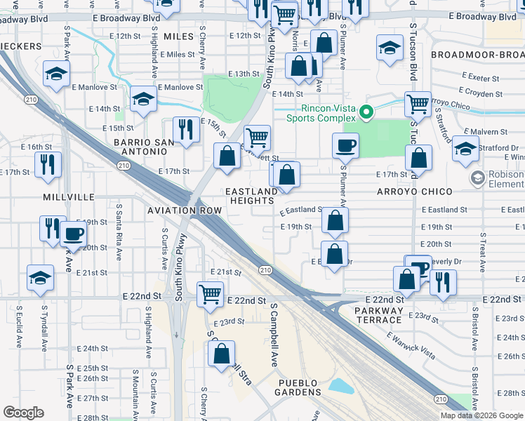 map of restaurants, bars, coffee shops, grocery stores, and more near 1831 East 19th Street in Tucson