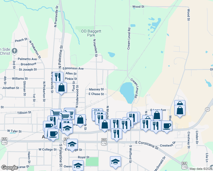 map of restaurants, bars, coffee shops, grocery stores, and more near 705 North Murchison Street in Athens