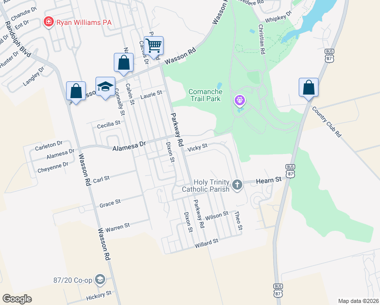 map of restaurants, bars, coffee shops, grocery stores, and more near 4004 Vicky Street in Big Spring