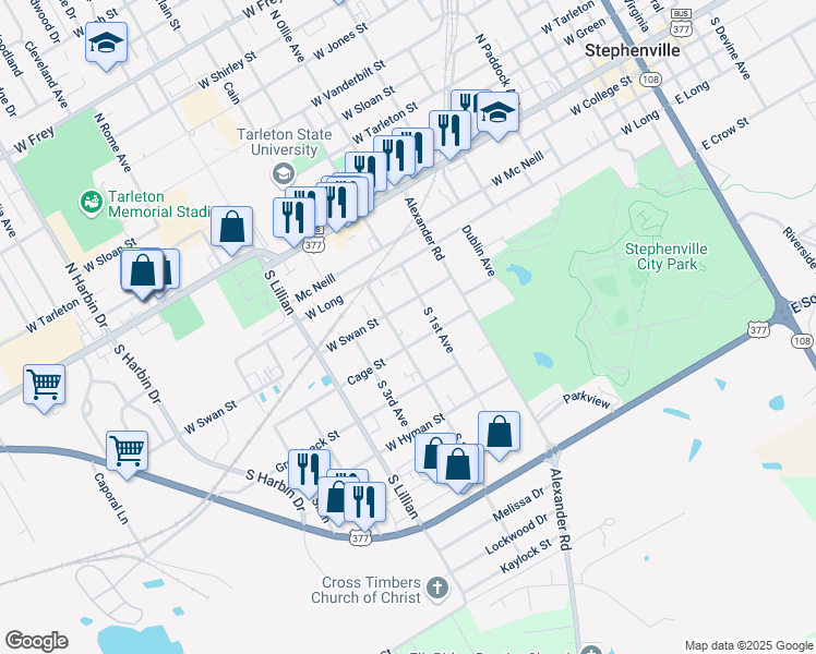 map of restaurants, bars, coffee shops, grocery stores, and more near 1211 Cage Street in Stephenville