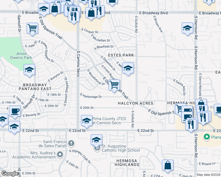 map of restaurants, bars, coffee shops, grocery stores, and more near 8936 East Old Spanish Trail in Tucson