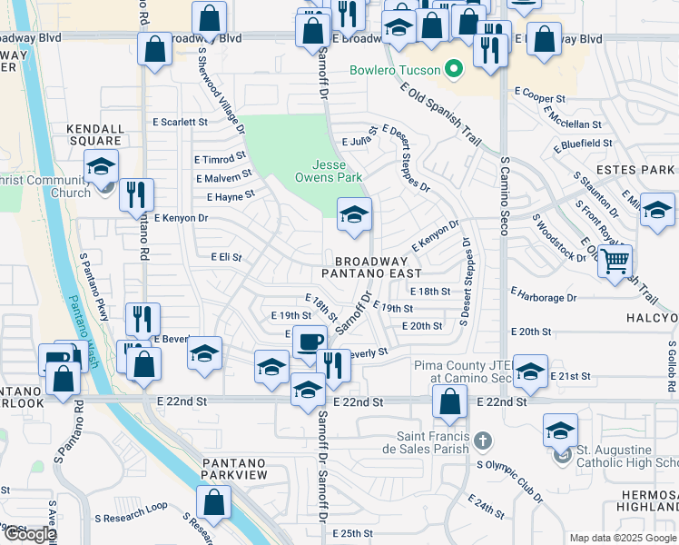 map of restaurants, bars, coffee shops, grocery stores, and more near 841 South Stuart Place in Tucson