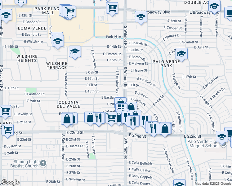 map of restaurants, bars, coffee shops, grocery stores, and more near 6231 East Eastland Street in Tucson