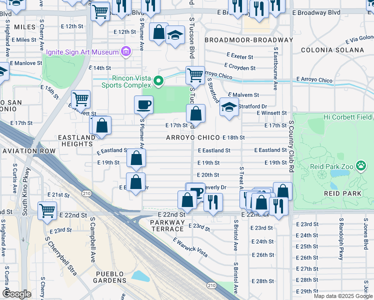 map of restaurants, bars, coffee shops, grocery stores, and more near 2431 East 19th Street in Tucson