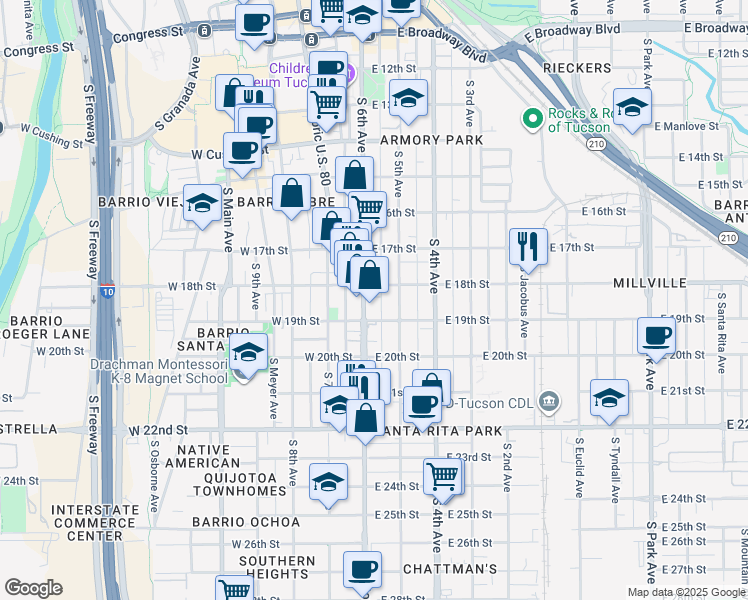 map of restaurants, bars, coffee shops, grocery stores, and more near 840 South 6th Avenue in Tucson