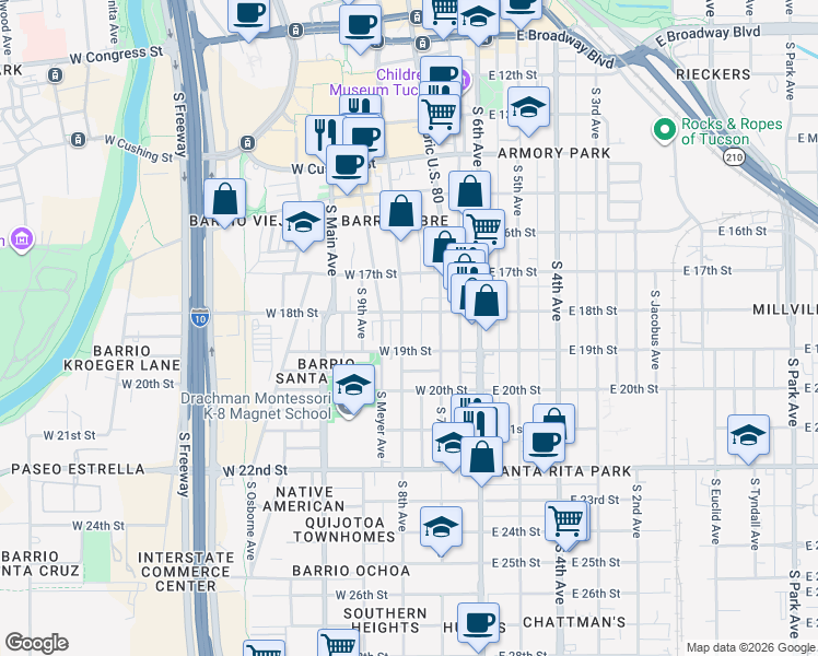 map of restaurants, bars, coffee shops, grocery stores, and more near 841 South 8th Avenue in Tucson
