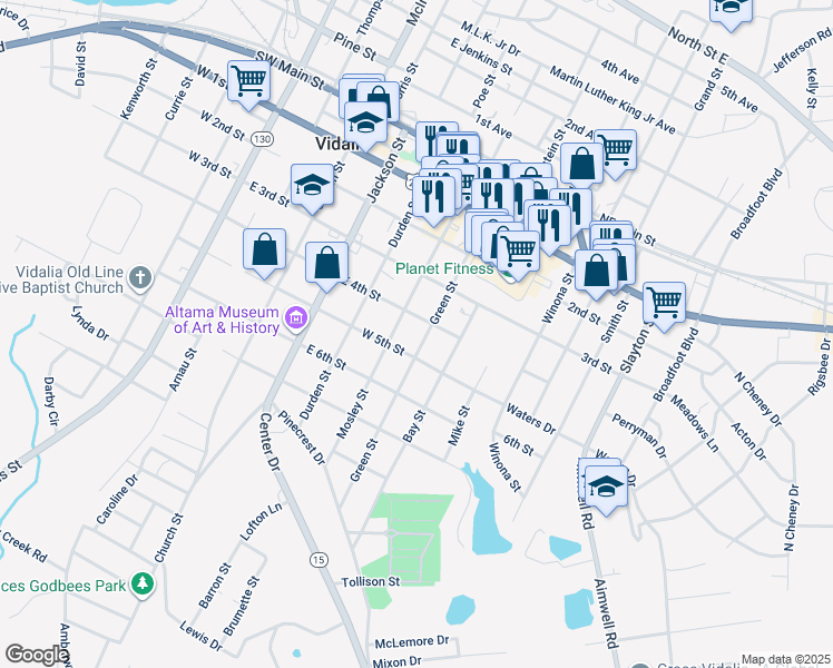 map of restaurants, bars, coffee shops, grocery stores, and more near 506 Green Street in Vidalia