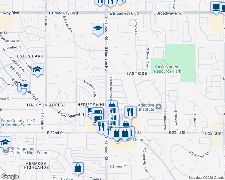 map of restaurants, bars, coffee shops, grocery stores, and more near 9566 East Grand Teton Road in Tucson
