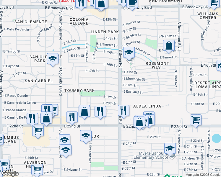 map of restaurants, bars, coffee shops, grocery stores, and more near 4617 East Eastland Street in Tucson